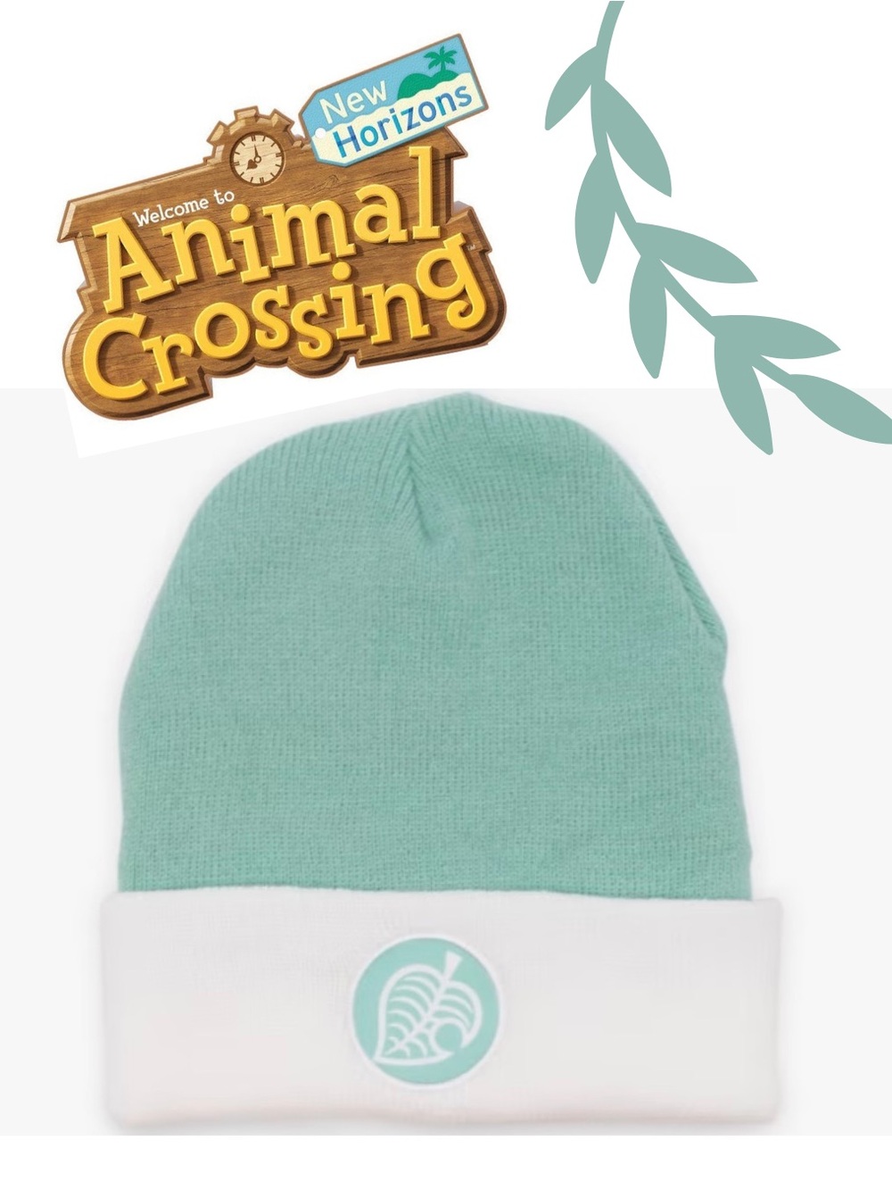 Animal Crossing Mint Green & White Beanie Hat with Leaf Logo